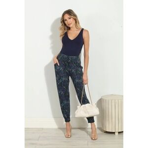 Veronica M Women's M Black Blue Purple Patterned Jogger Pants Elastic Waist